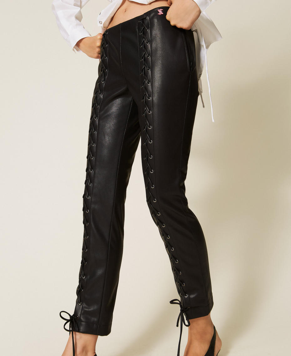 Faux leather trousers with ties Black Woman 262AQ2070_00006_04
