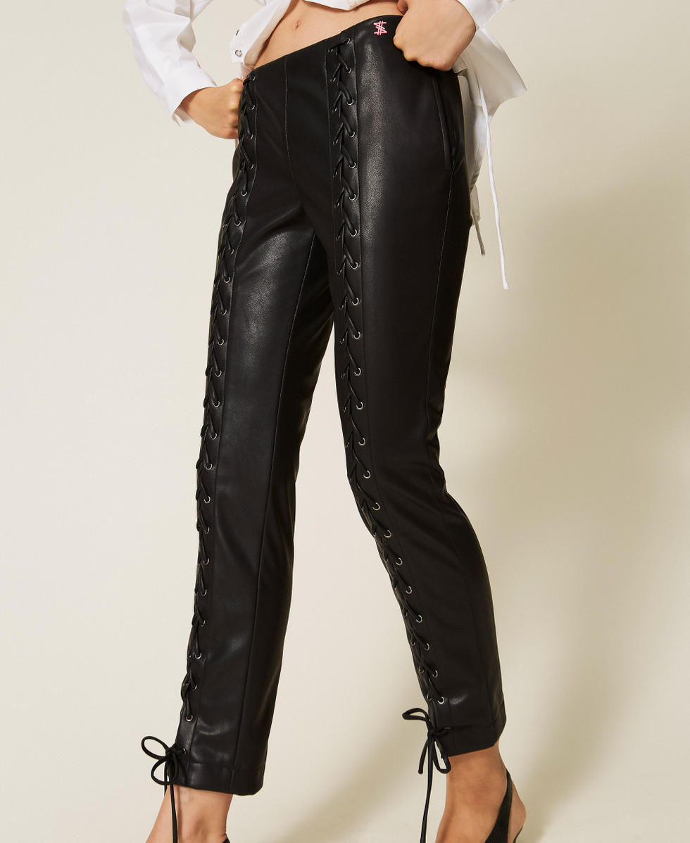 Faux leather trousers with ties Black Woman 262AQ2070_00006_04