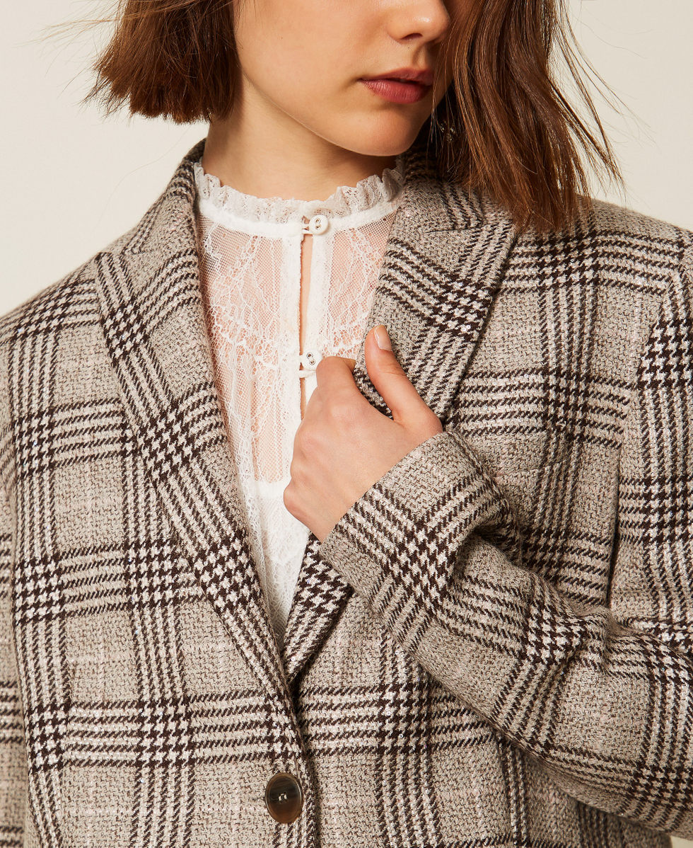 Chequered wool cloth blazer with sequins Coffee/Cold Beige Woman 262TP2742_13717_05