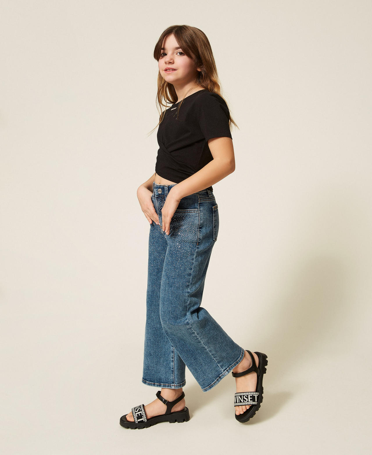 Jeans cinque tasche con borchie Blue Denim Medium Bambina 261GJ2122_13321_02