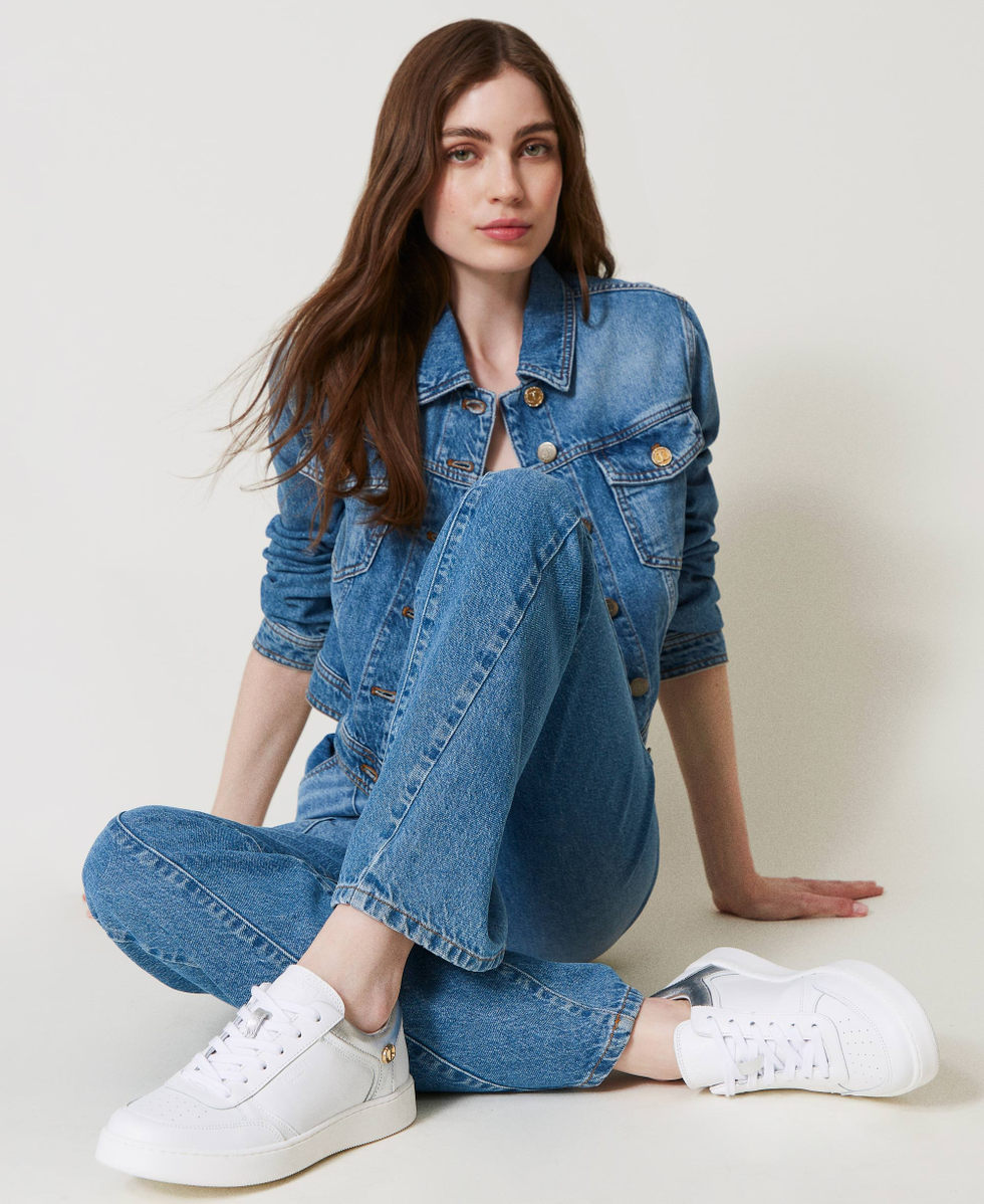 Baskets en cuir avec insertions lam&eacute;es Bicolore Blanc Optique/Argent Femme 242TCP014_07200_S0