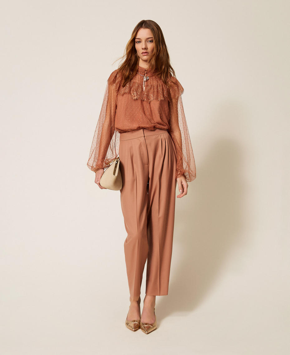 Plumetis tulle and lace blouse Mocha Mousse Brown Woman 261TP2772_13168_T0
