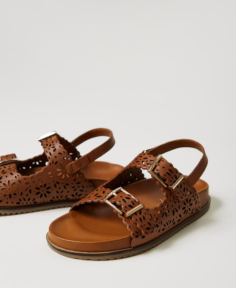Lasered leather sandals with buckles Leather Brown Girl 251GCJ046_00057_02