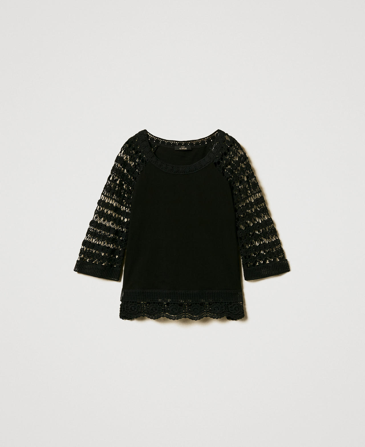 Bluse mit Ärmeln aus Makrameespitze Schwarz Frau 251AP2500_00006_0S