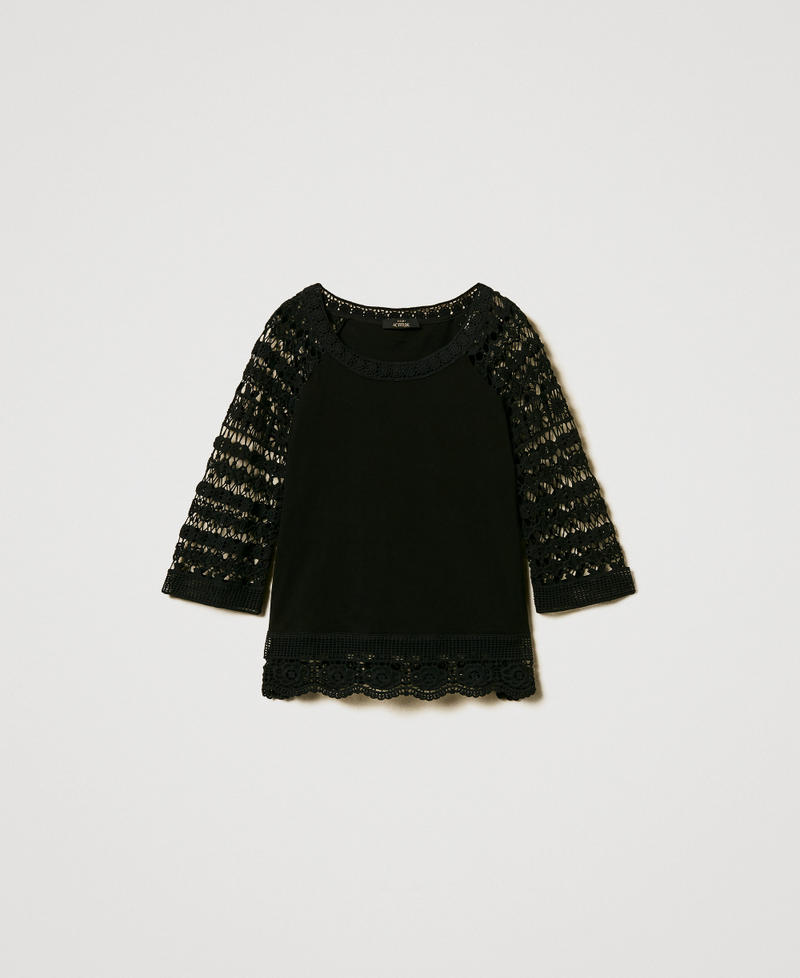 Bluse mit Ärmeln aus Makrameespitze Schwarz Frau 251AP2500_00006_0S