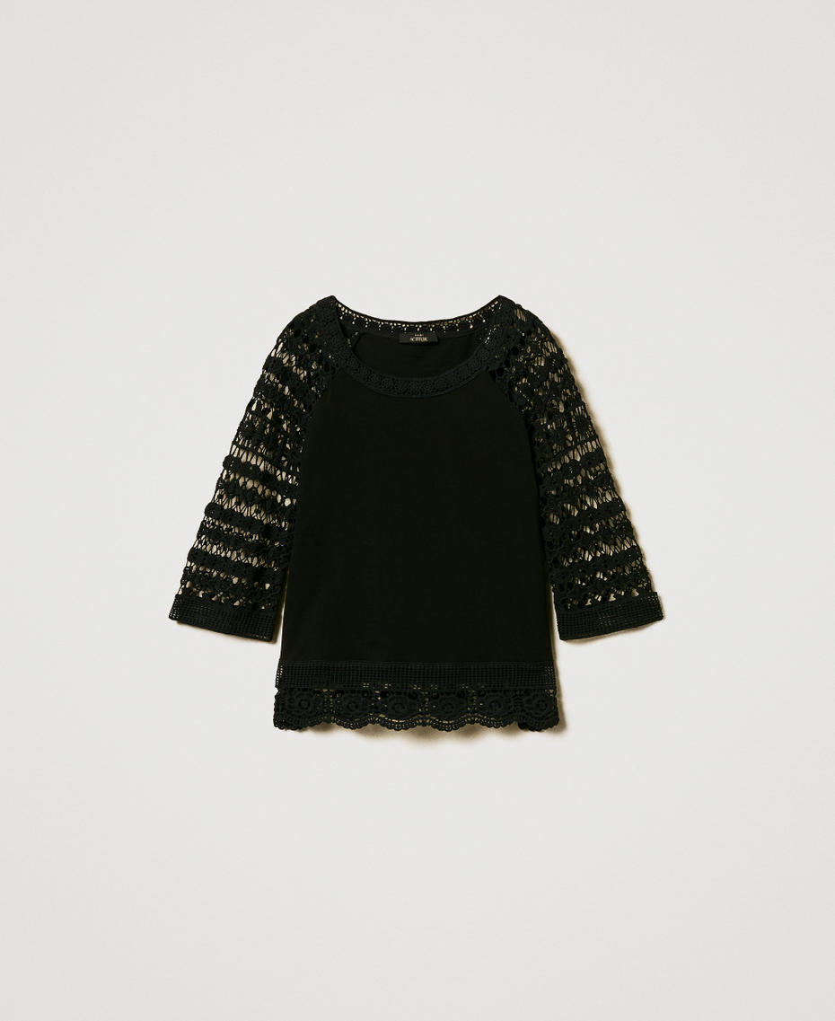 Blusa con maniche in pizzo macramè Nero Donna 251AP2500_00006_S0