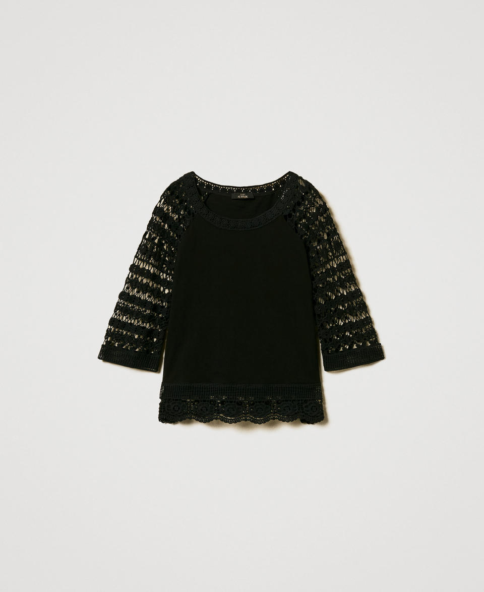 Blouse with macramé lace sleeves Black Woman 251AP2500_00006_S0