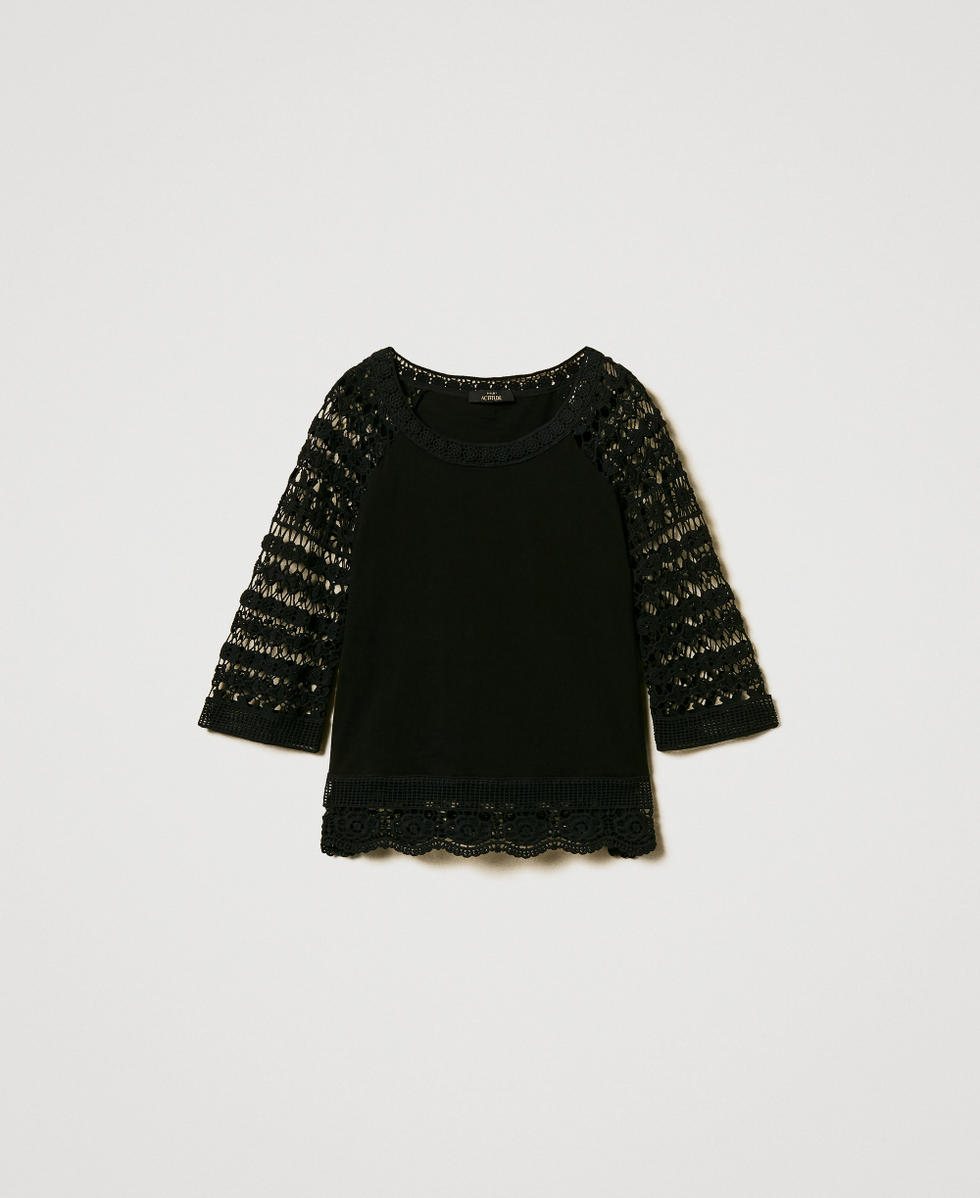 Bluse mit &Auml;rmeln aus Makrameespitze Schwarz Frau 251AP2500_00006_S0