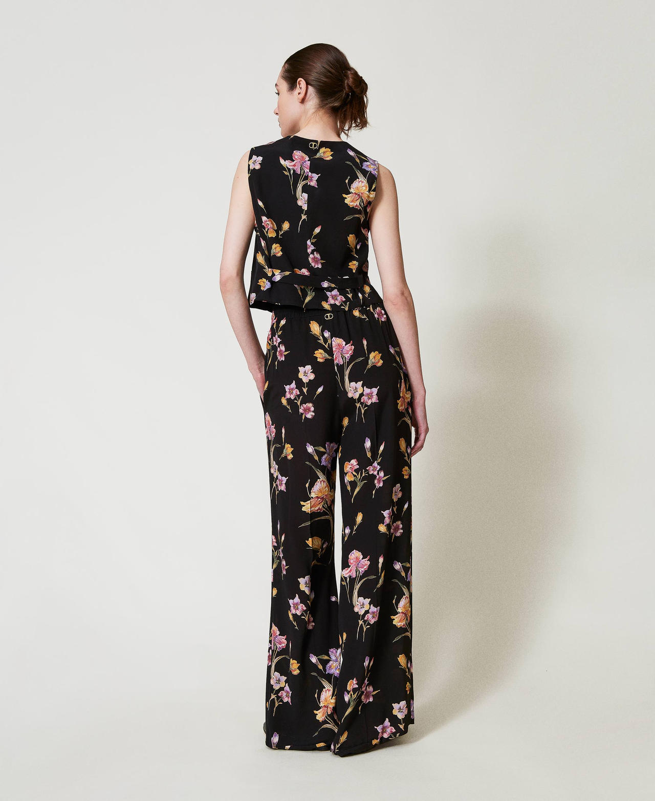 Pantalon en crêpe de Chine floral avec élastique Imprimé Iris Multicolore/Black Femme 251TP2776_12328_03