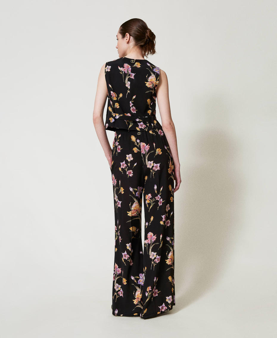 Crêpe de Chine floral trousers with elasticated waist Multicolour/Black Iris Print Woman 251TP2776_12328_03