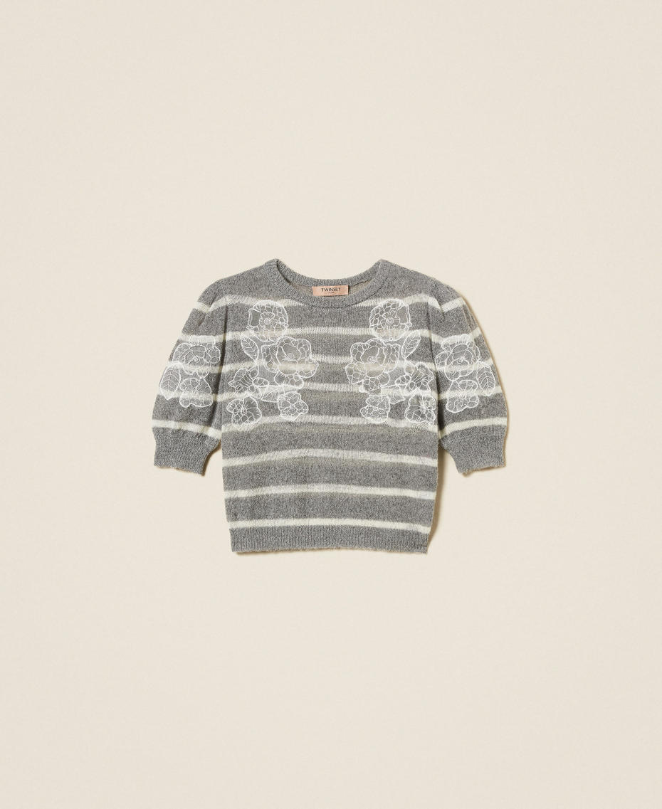Pull en mohair mélangé avec dentelle Rayure Gris Chiné/Blanc « Neige » Femme 252TP3251_12756_S0