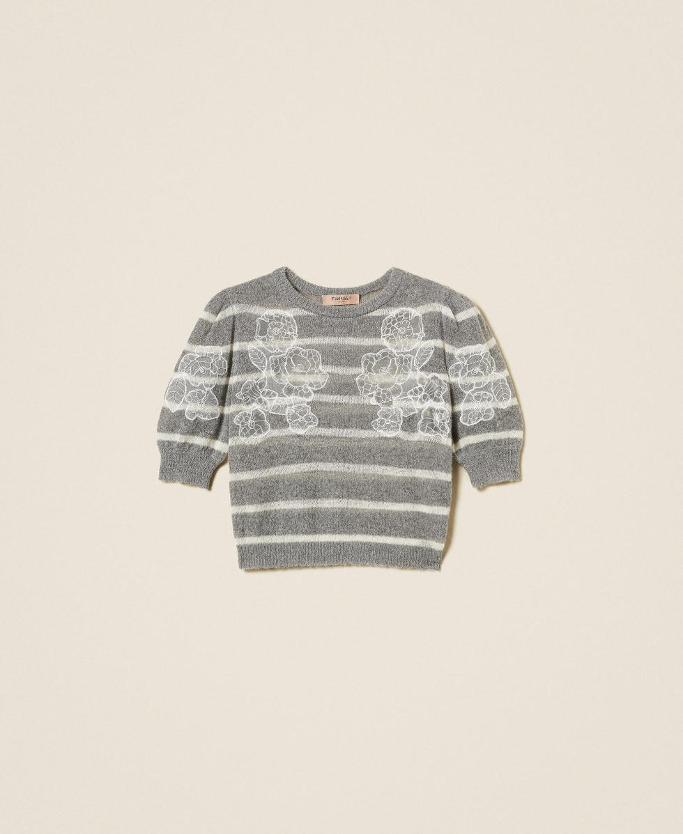 Pull en mohair m&eacute;lang&eacute; avec dentelle Rayure Gris Chin&eacute;/Blanc &laquo;&nbsp;Neige&nbsp;&raquo; Femme 252TP3251_12756_S0