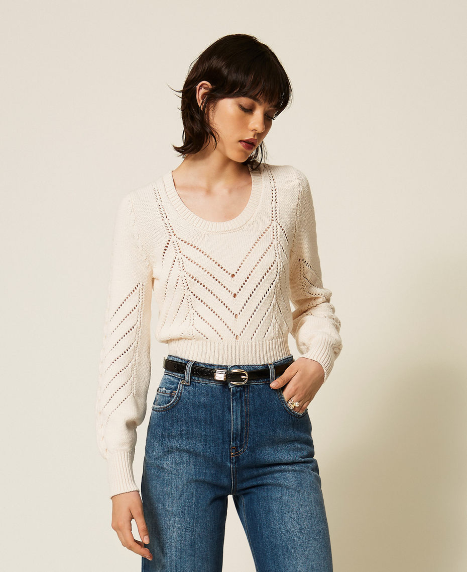 Cropped wool blend jumper with chevron design "Parchment" Beige Woman 262TP3192_07222_01