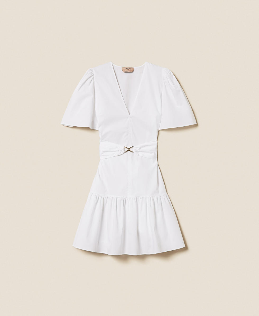 Vestido corto de popelina con cintur&oacute;n con logotipo