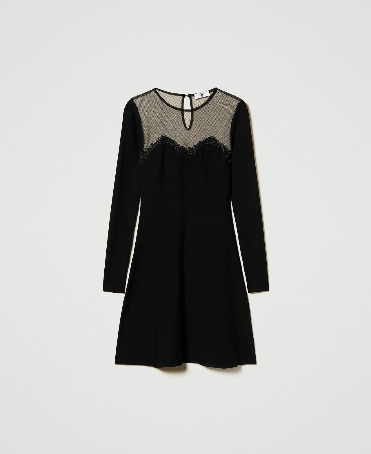 Vestido corto de punto con tul y bordado Negro Mujer 242LL3DBB_00006_0S
