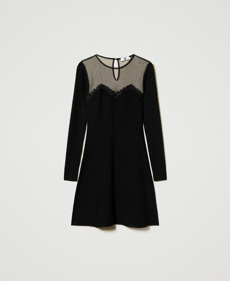 Vestido corto de punto con tul y bordado Negro Mujer 242LL3DBB_00006_0S