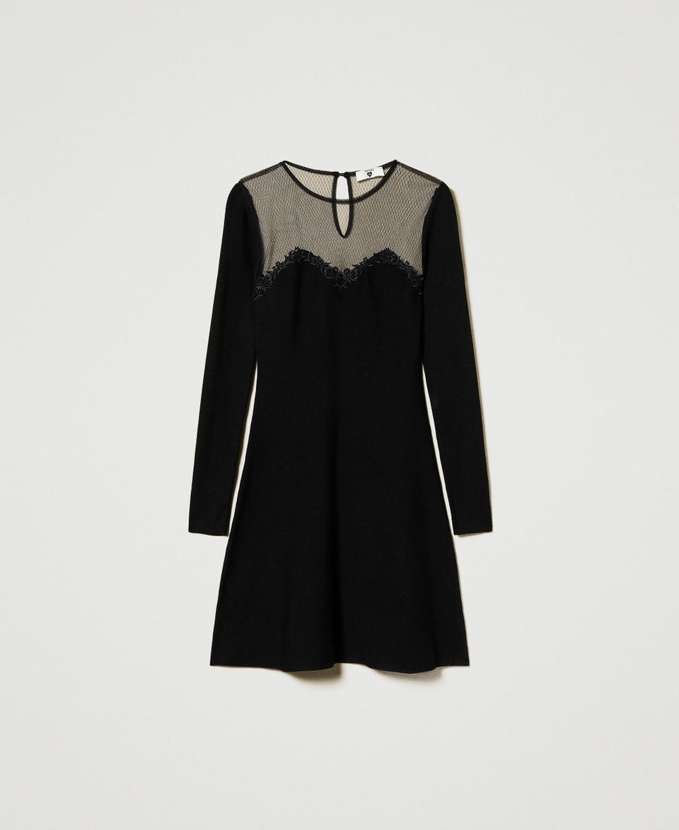 Short knit dress with tulle and embroidery Black Woman 242LL3DBB_00006_S0
