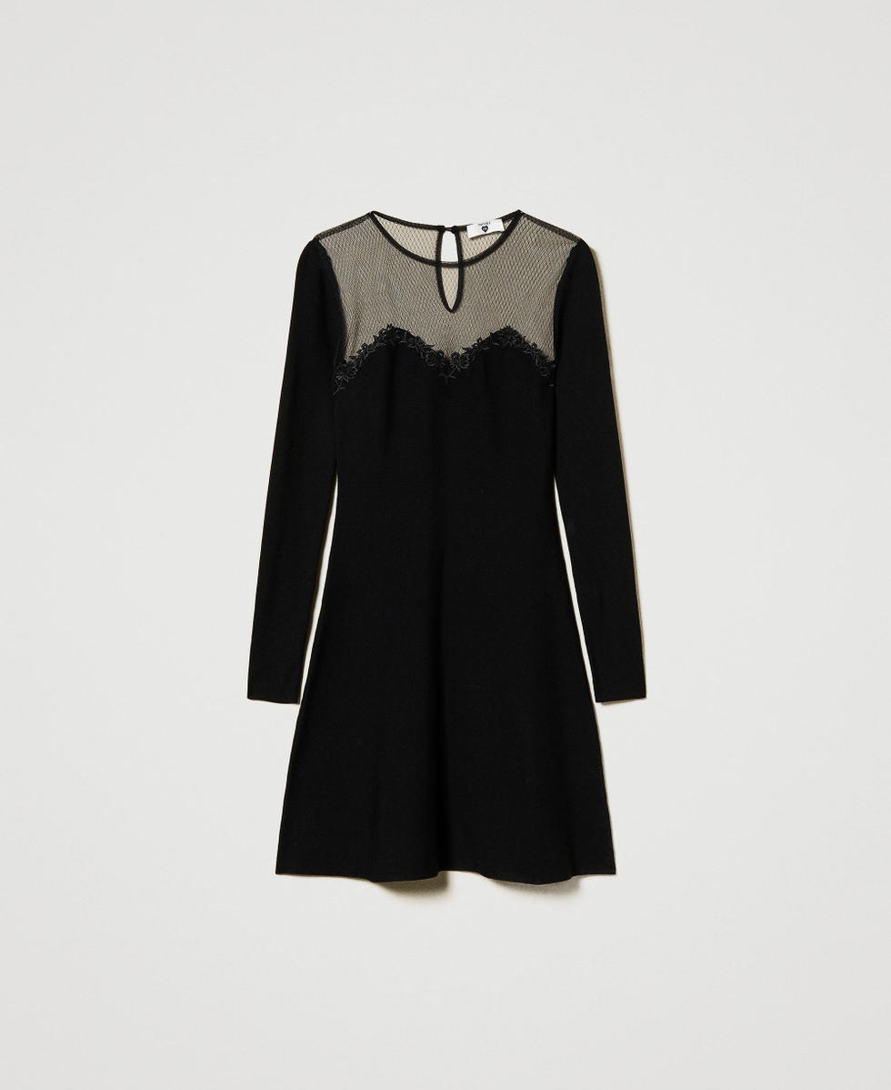 Abito corto in maglia con tulle e ricamo Nero Donna 242LL3DBB_00006_S0