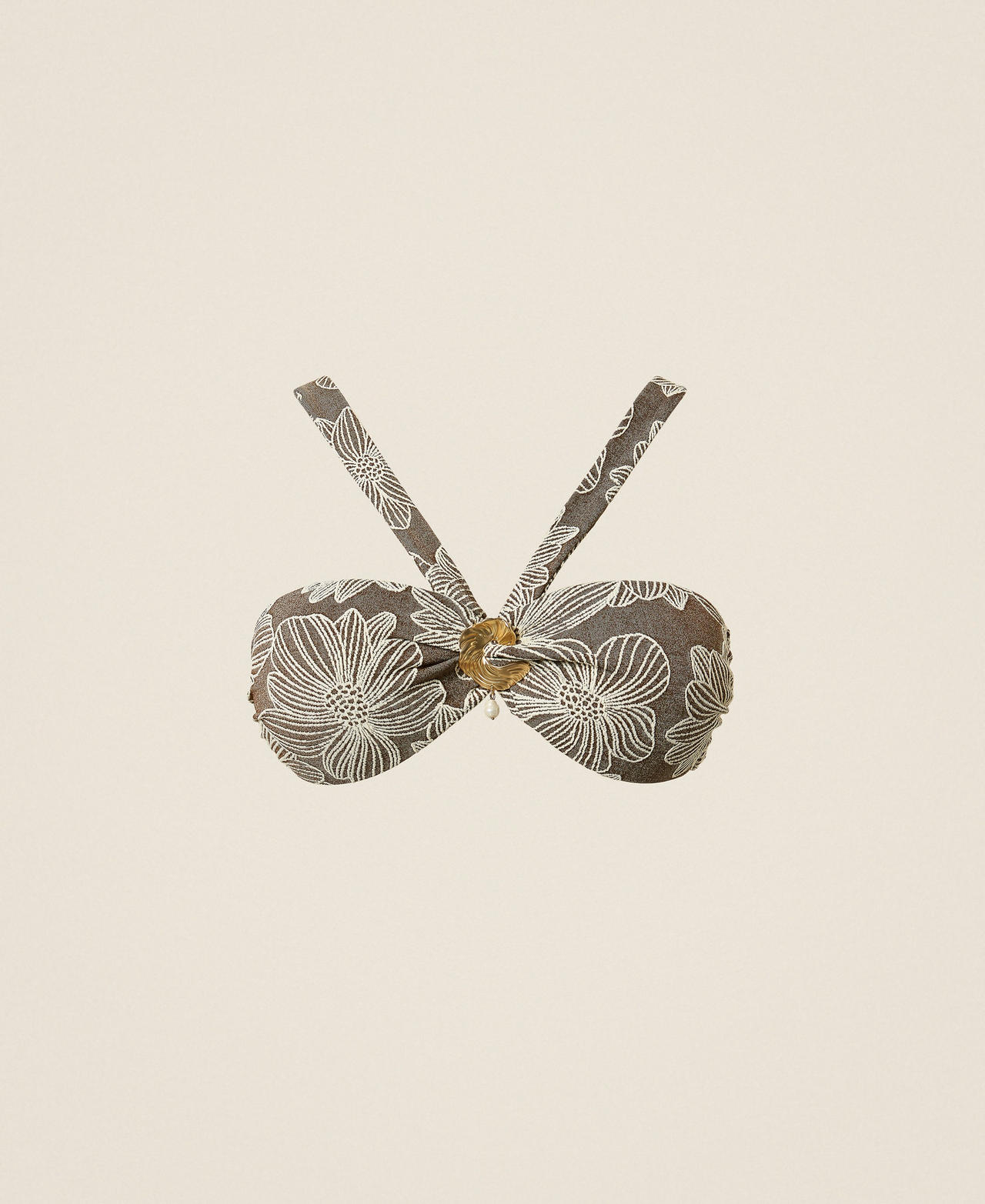 Twinset Beachwear - Jacquard bikini top with pearl, Coffee Chocolate/Off White Jacquard, Floral, Size: 4-B