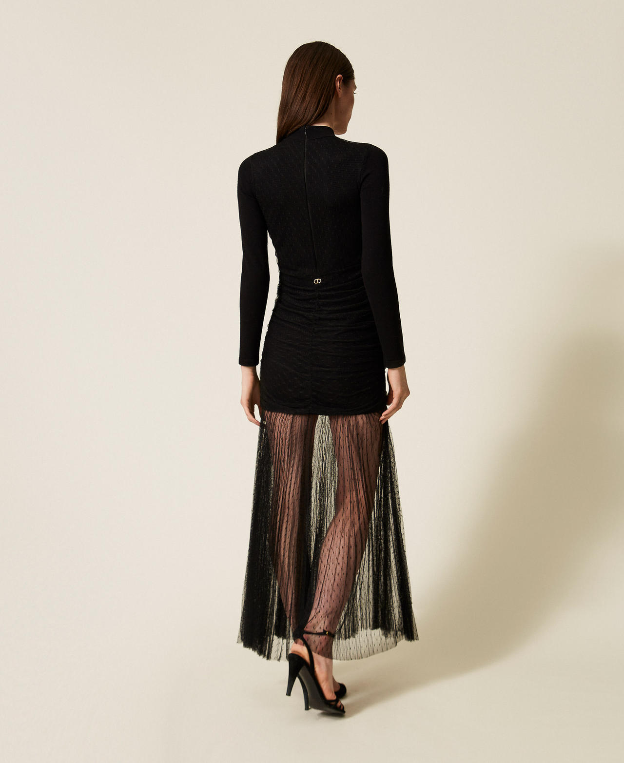 Langes Strickkleid mit Tüll Schwarz Frau 252TT3262_00006_03