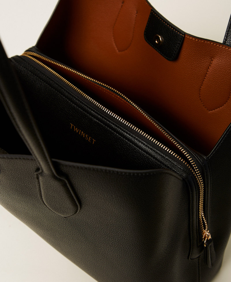 Two-tone shopper bag  with Oval T Two tone Black/Land Brown Woman 252TB7150_12674_04