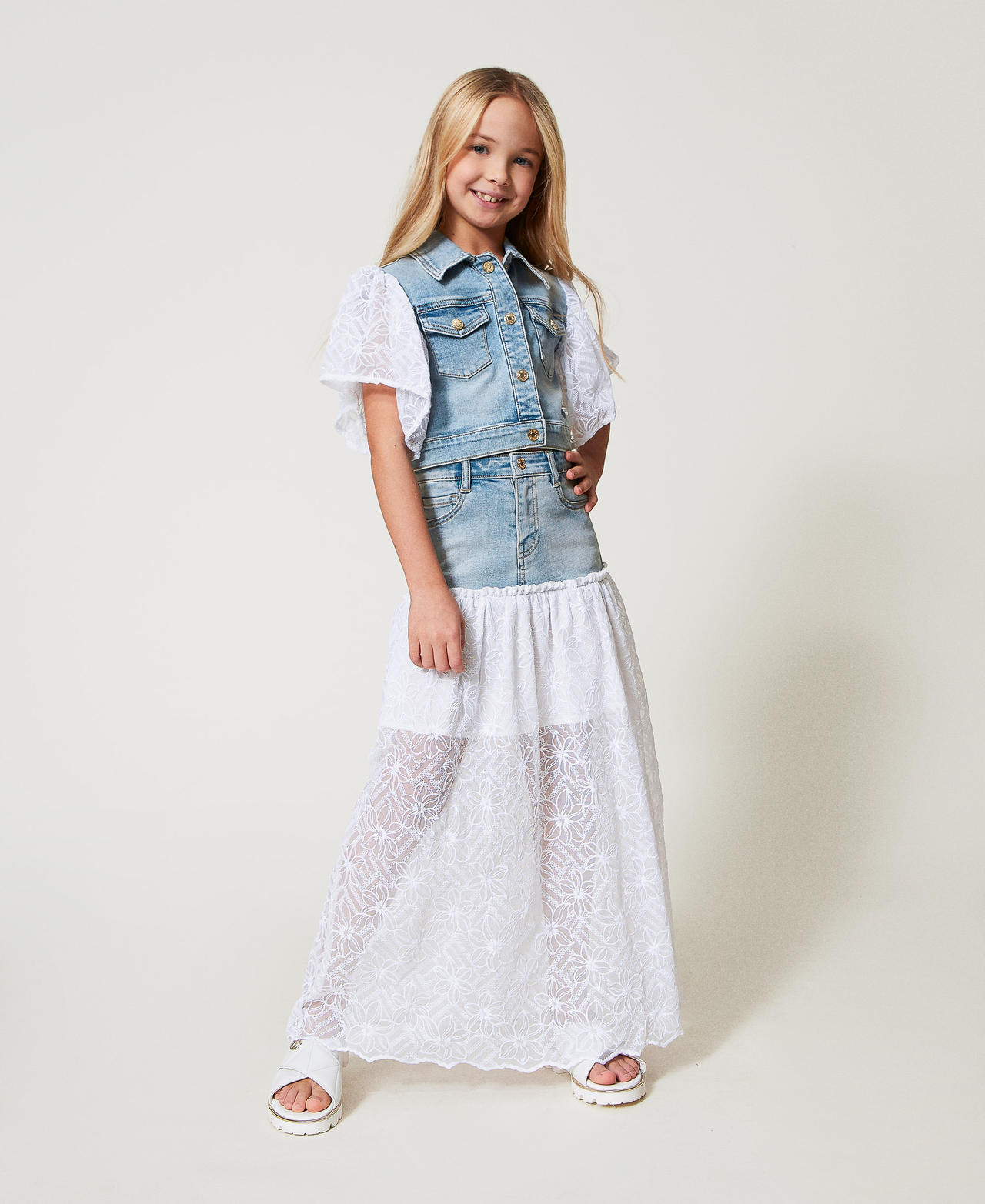 Long denim and embroidered tulle skirt Girl, Light blue | TWINSET