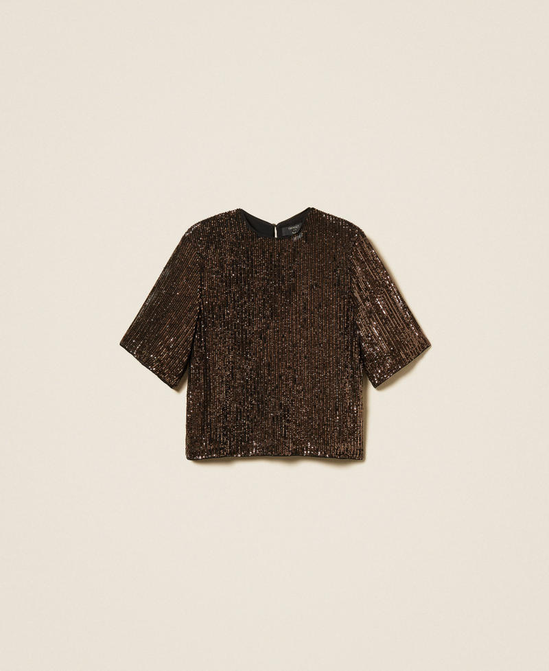Sequin crew neck blouse Brown Sequin Stripes Woman 262TT2143_14171_S0