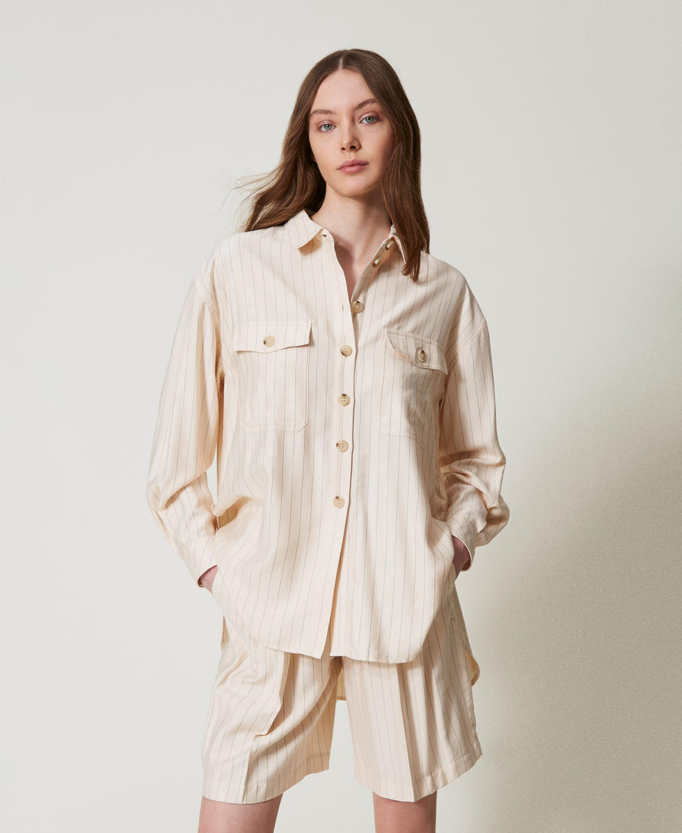 Chemise oversize ray&eacute;e Rayure Beige/Noir Femme 251LL2ABB_12247_01