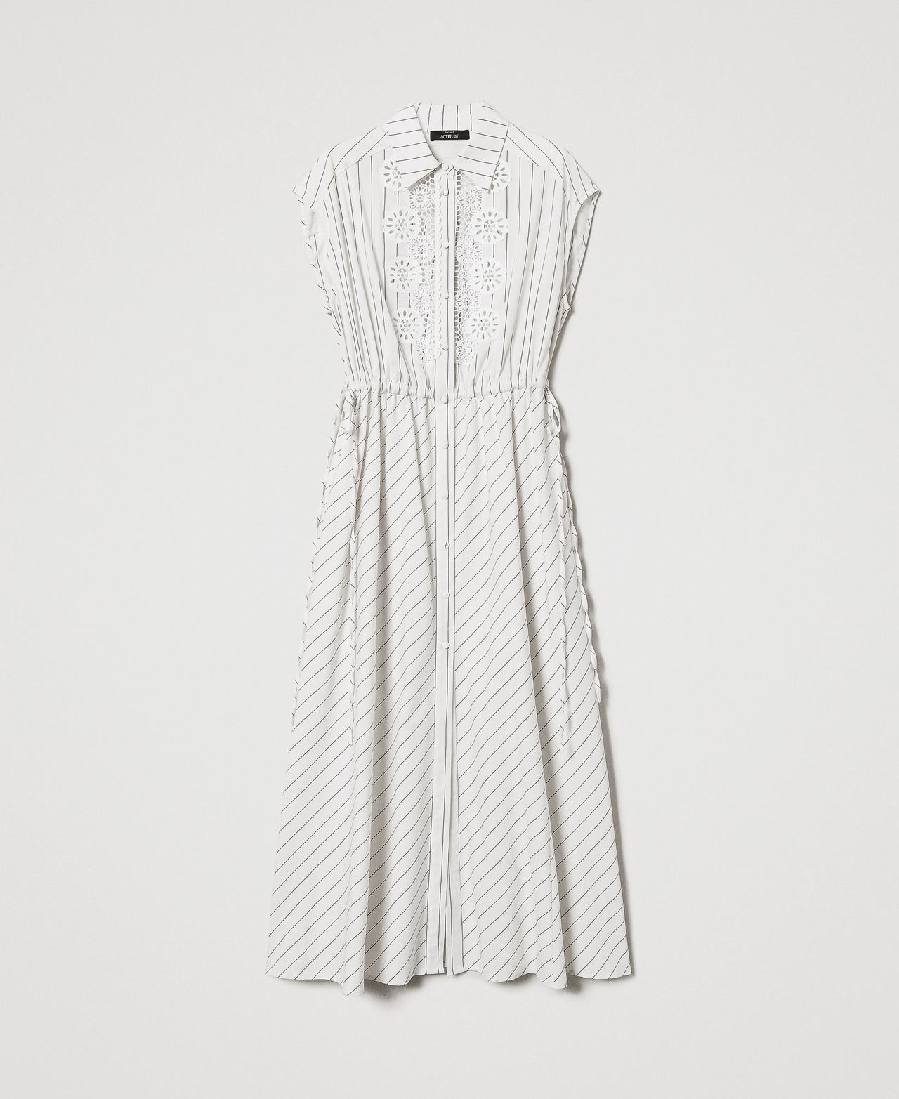 Long poplin dress with macramé Angora Beige/Black Stripes Woman 251AP2486_12235_0S