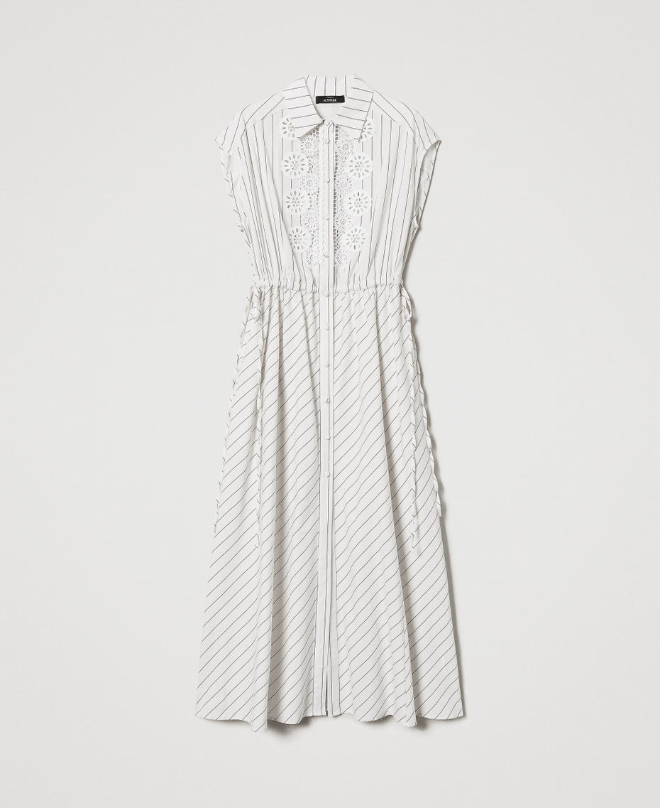Long poplin dress with macram&eacute; Angora Beige/Black Stripes Woman 251AP2486_12235_S0