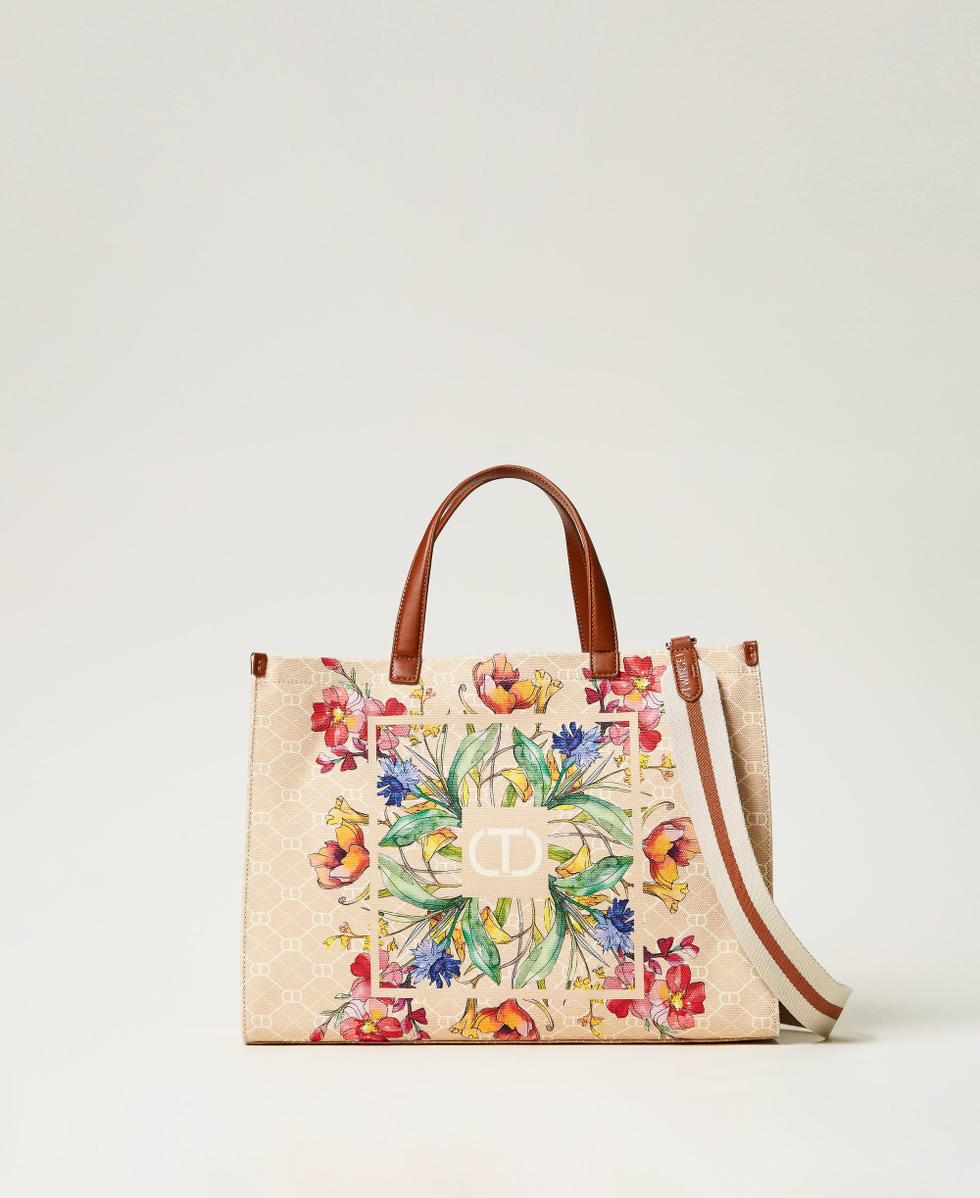 Canvas shopper bag with flower print Delicate Beige Flowers Print Woman 251TB7082_12277_01