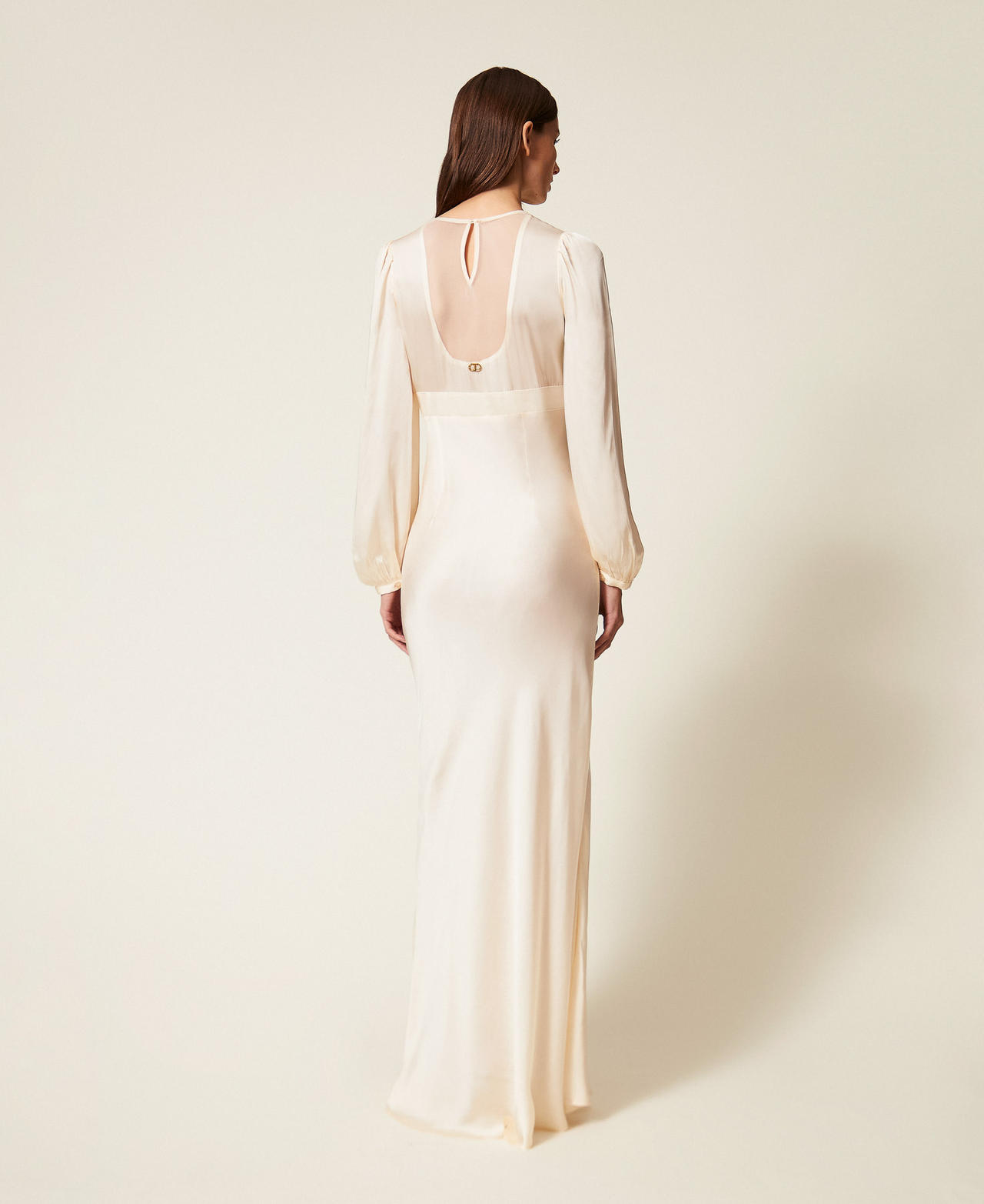 Long satin and tulle dress with embroidery Light Natural Woman 252TT2131_12227_03