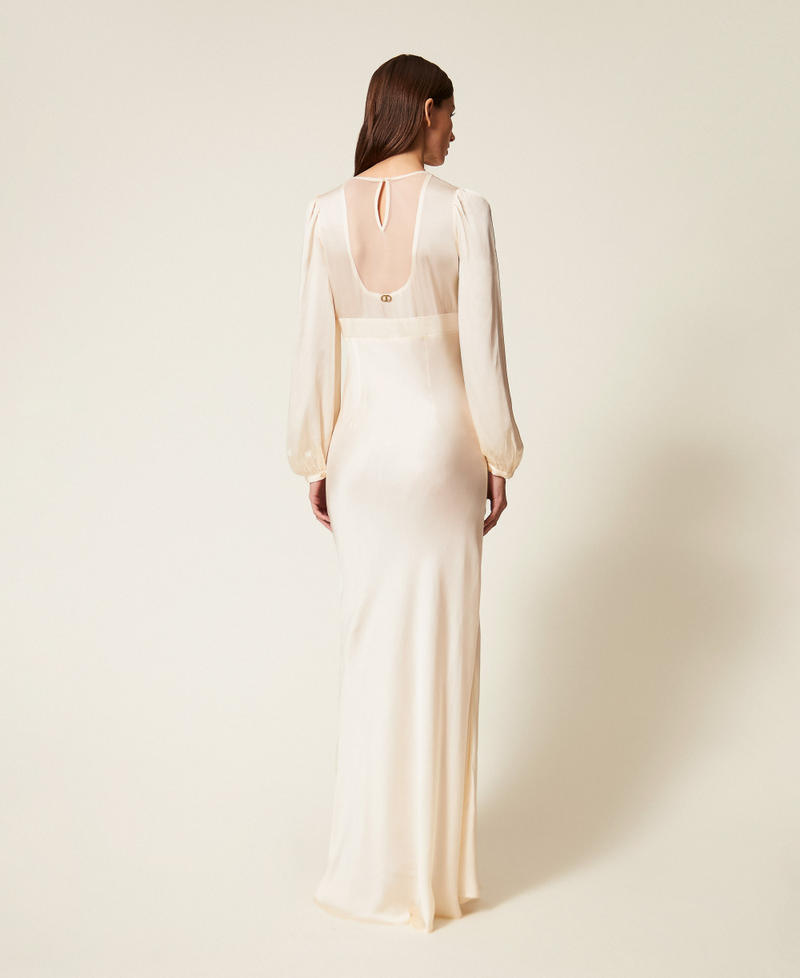 Long satin and tulle dress with embroidery Light Natural Woman 252TT2131_12227_03