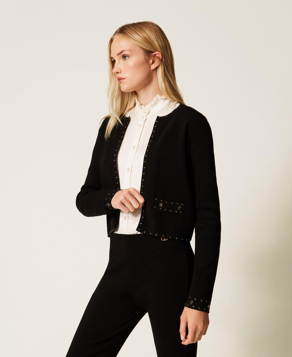 Strickjacke mit Strass Schwarz Frau 252TP3270_00006_02