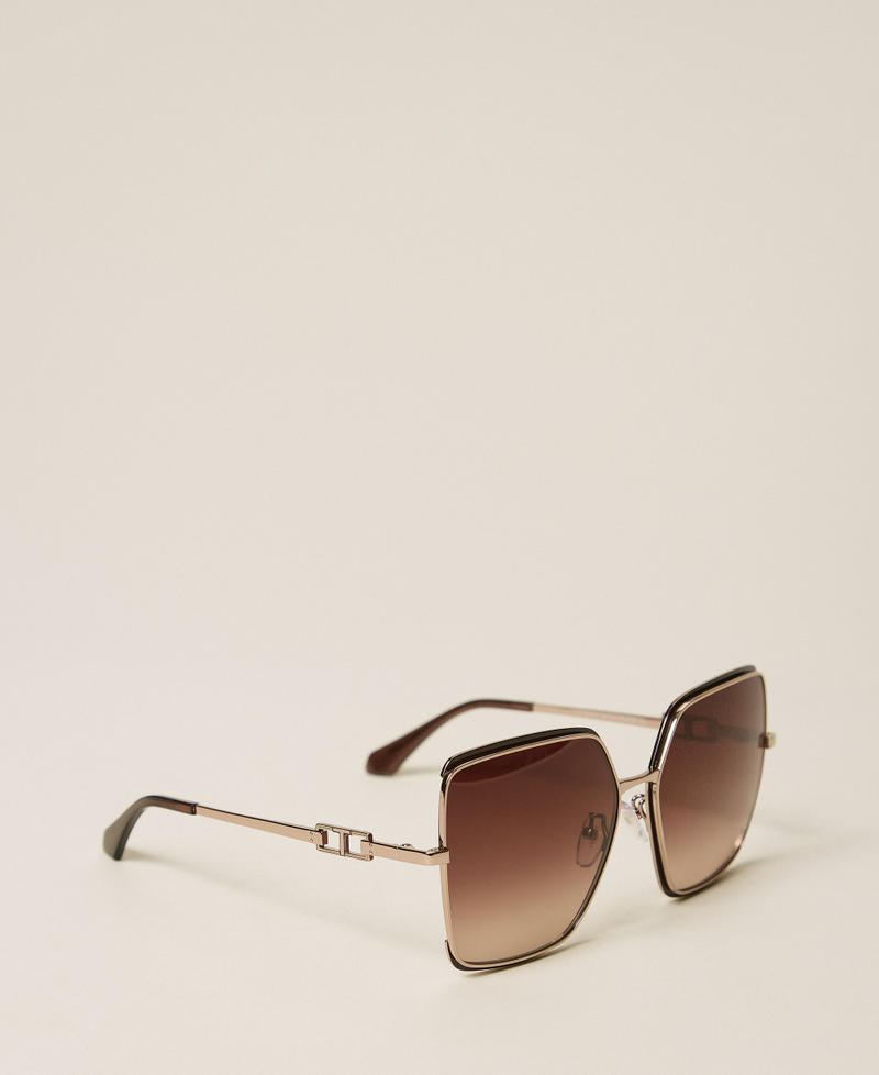 Square-shaped metal sunglasses Shiny Pink Gold with Chocolate Rims Woman 999TZ5098_14164_02