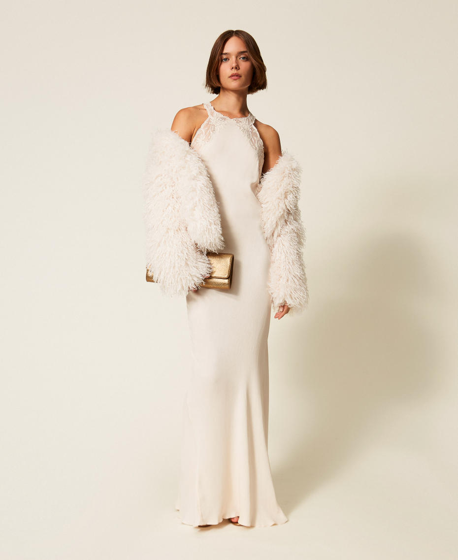 Long satin halter dress with embroidery Light Natural Woman 252TT2240_12227_T0