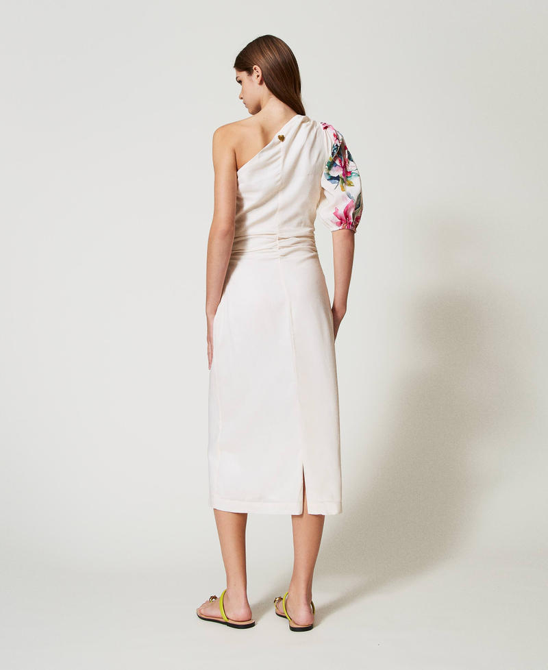 Long linen blend dress with floral print Mother of pearl/Multicolour Stripe Print Woman 251LB2UDD_12198_03