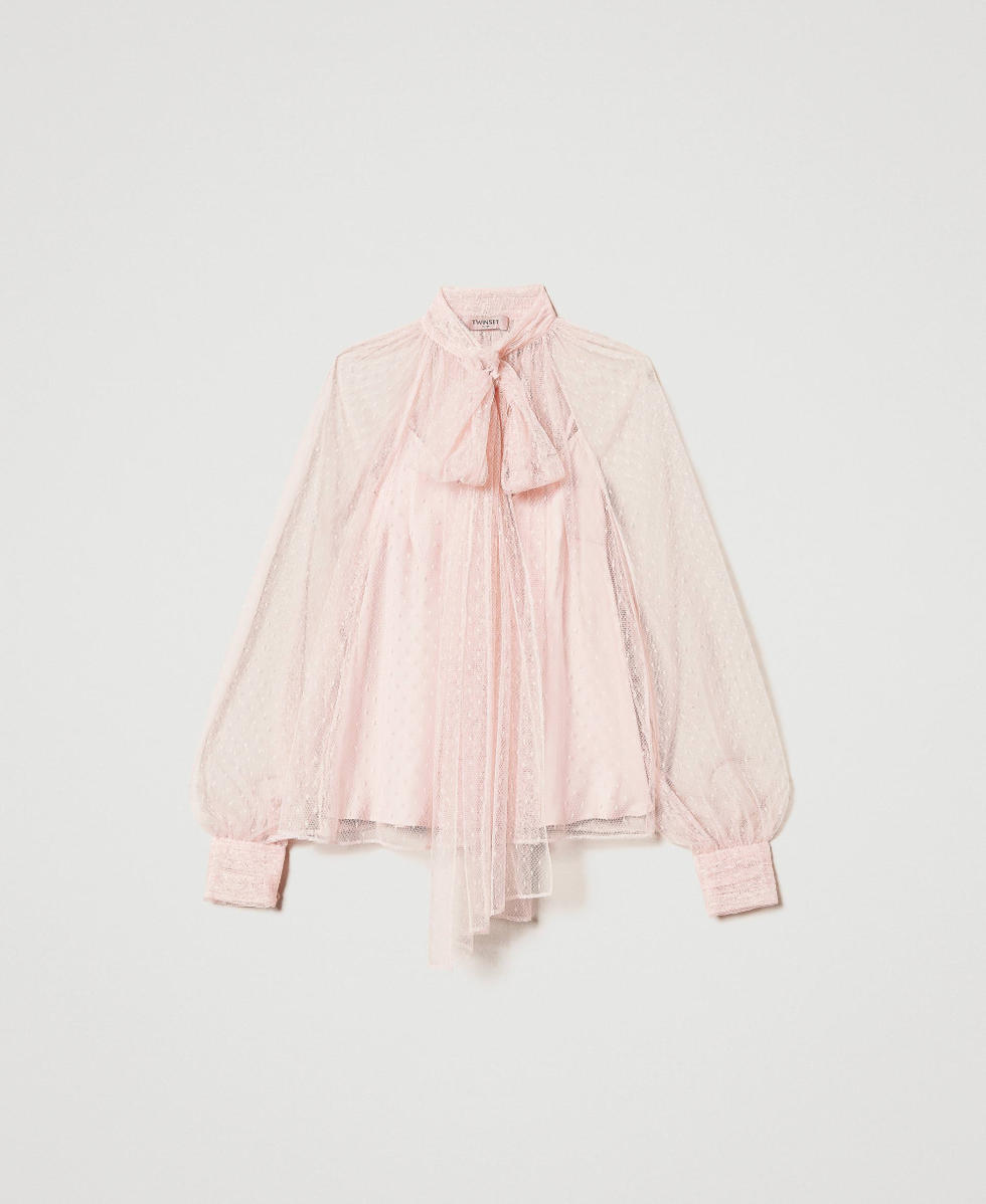 Tulle blouse with sash collar Woman, Pink | TWINSET Milano