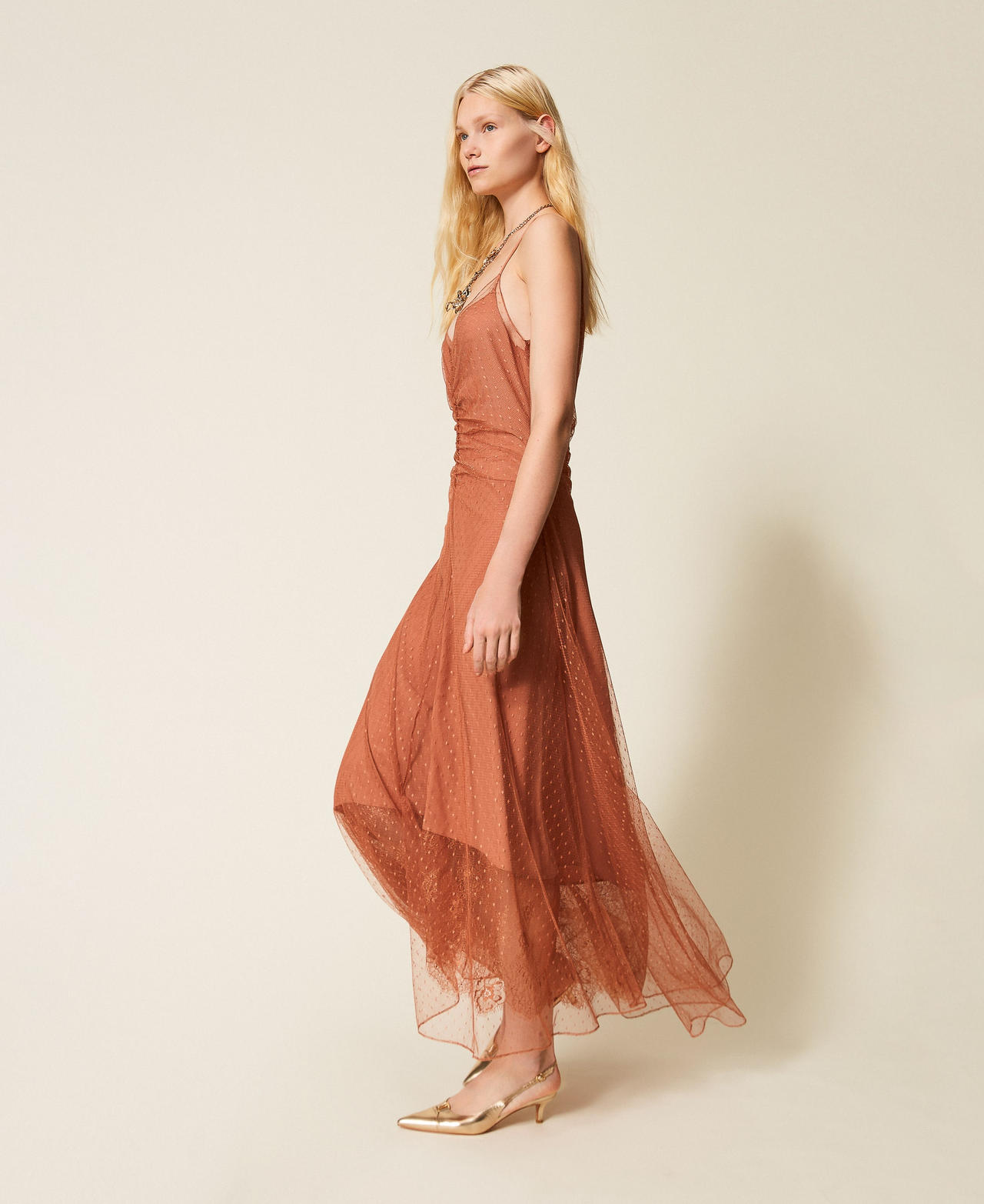 Long plumetis tulle dress with lace Mocha Mousse Brown Woman 261TP2360_13168_02