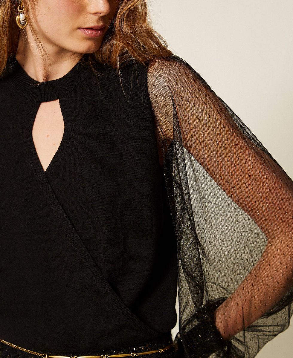 Jumper with plumetis tulle sleeves Black Woman 262TT3420_00006_04