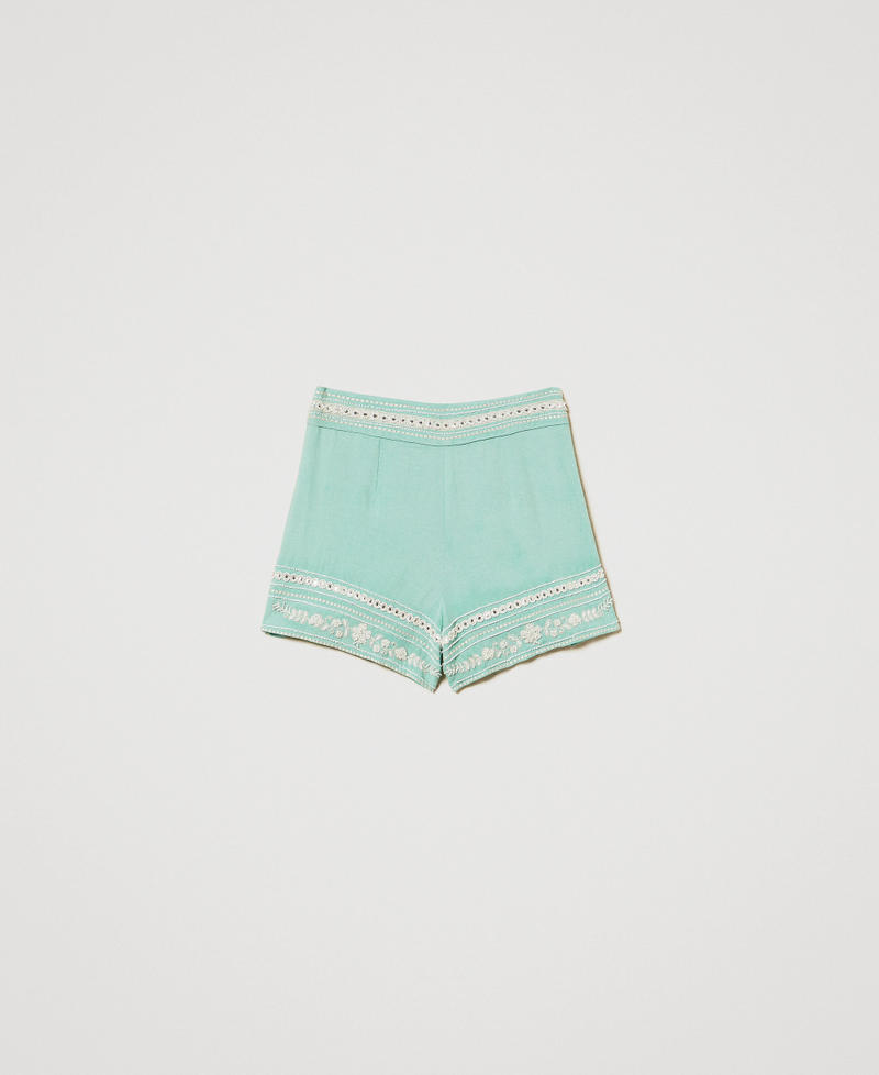 Linen-blend shorts with embroidery Green Marine/Almond Beige Embroidery Woman 251LM2FEE_12374_S0