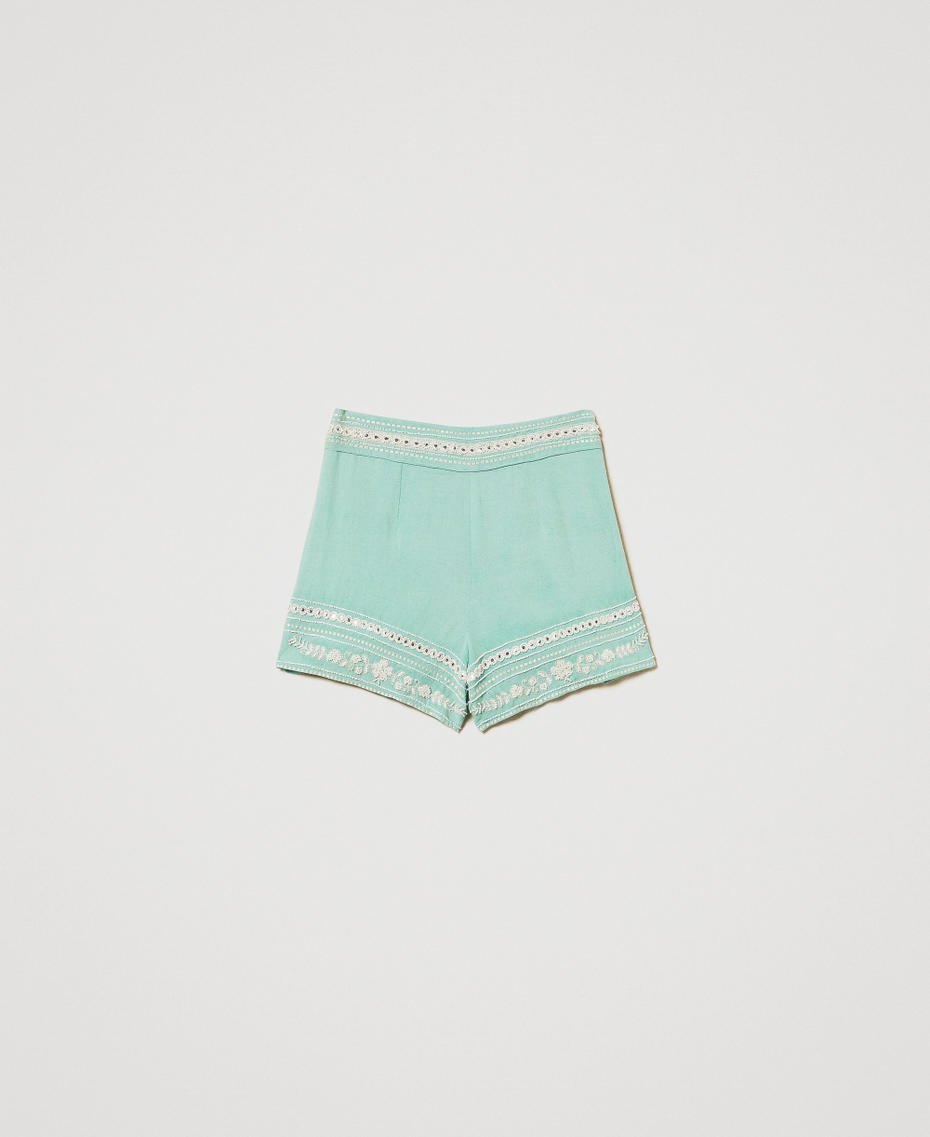 Linen-blend shorts with embroidery Green Marine/Almond Beige Embroidery Woman 251LM2FEE_12374_S0