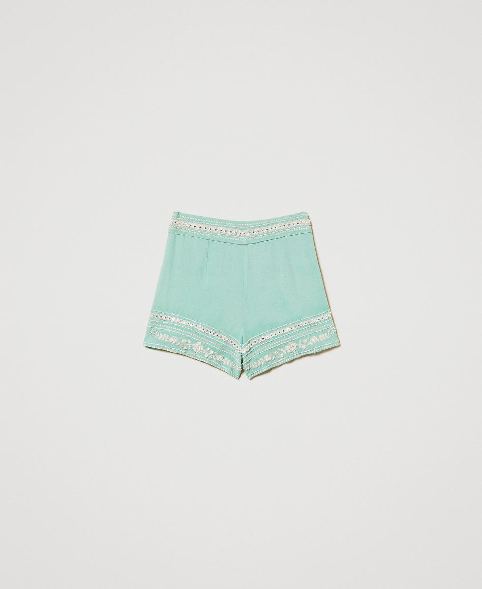 Linen-blend shorts with embroidery Green Marine/Almond Beige Embroidery Woman 251LM2FEE_12374_S0