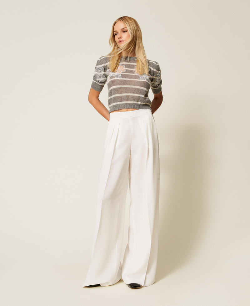 Pull en mohair mélangé avec dentelle Rayure Gris Chiné/Blanc « Neige » Femme 252TP3251_12756_01