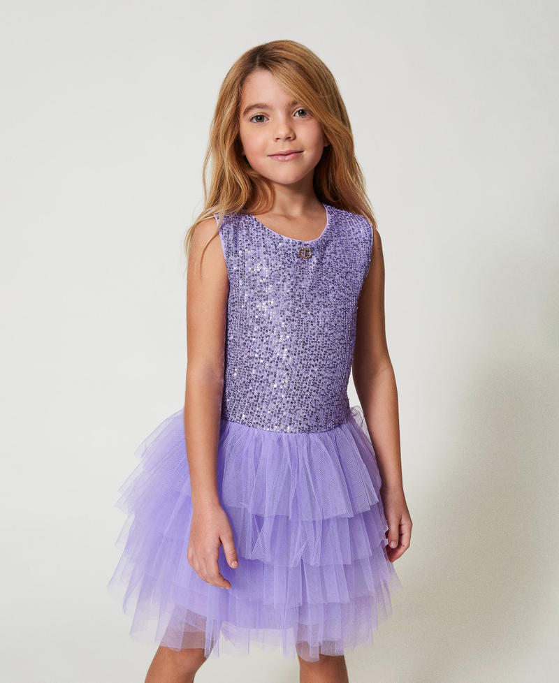 Short sequin and tulle dress Pastel Violet Girl 251GJ2533_11862_01