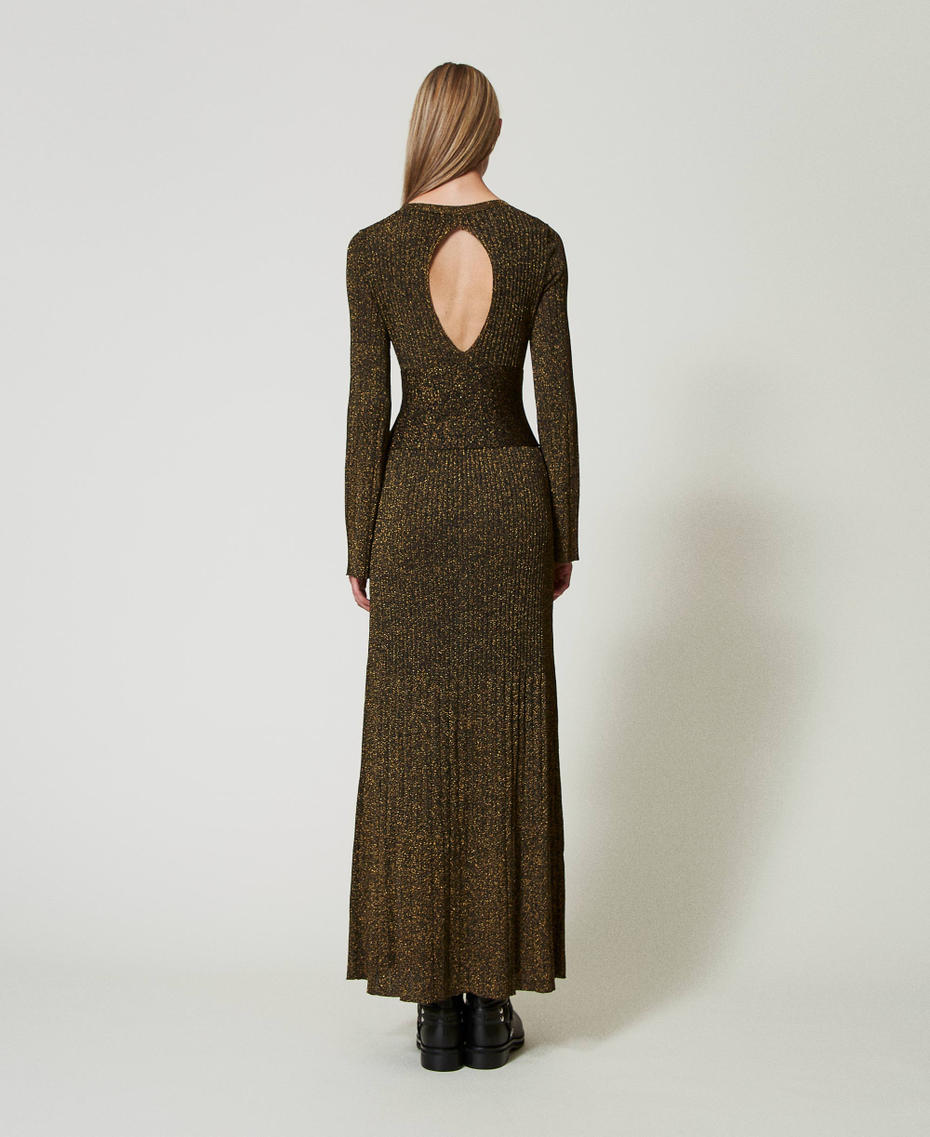 Long rib knit dress with Oval T belt Two-tone Black / Dark Gold Woman 242TT3460_12028_04