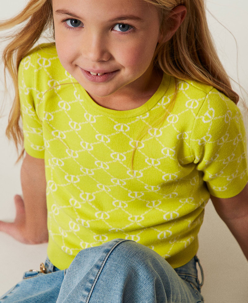 Crew neck jumper with Oval T jacquard Two-tone Yellow Plum/Ice Girl 251GJ3QX1_12190_04