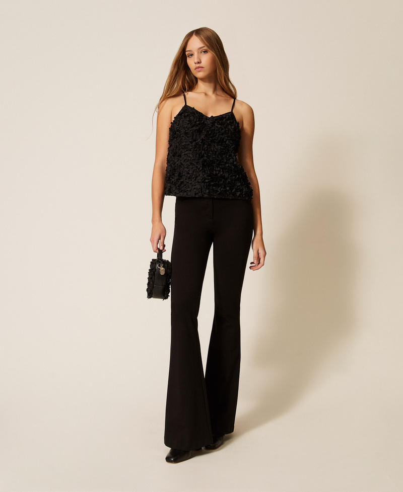 Top in cr&ecirc;pe de Chine e tulle con fiori Nero Donna 261AP2235_00006_01