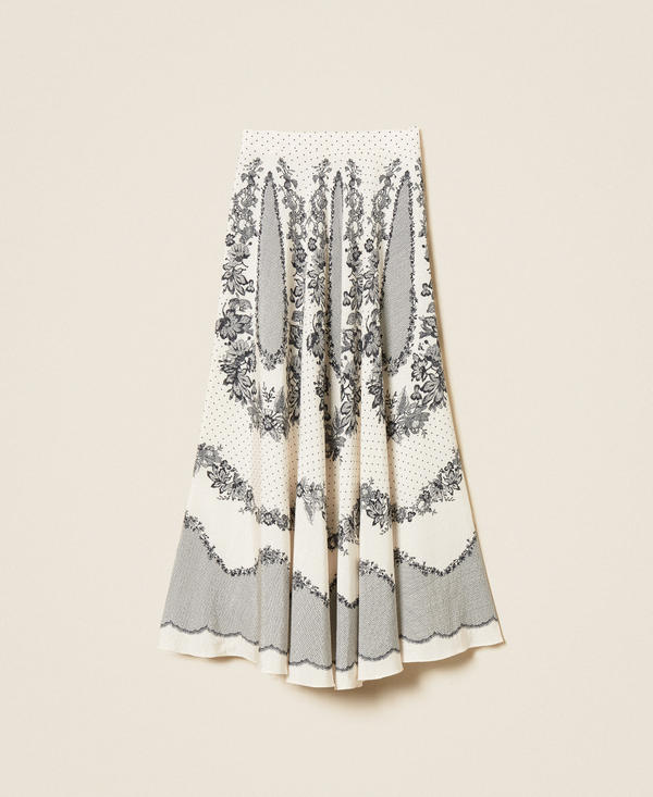 Jupe longue en satin jacquard floral avec pois