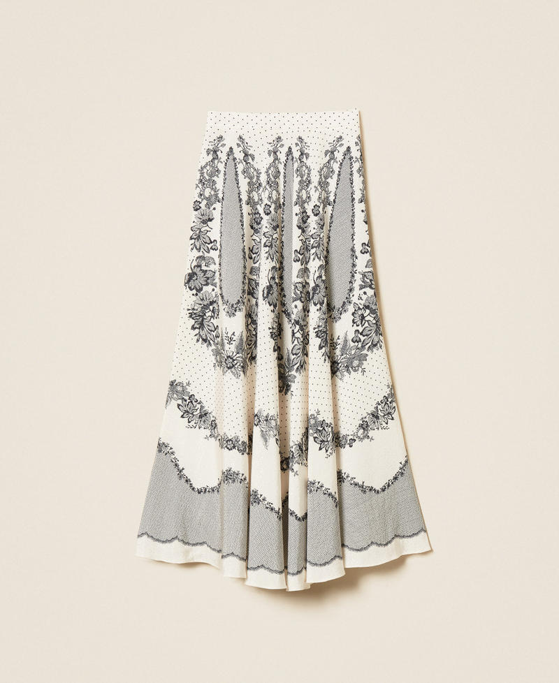 Gonna lunga in raso jacquard a fiori e pois Stampa Lace And Flowers Nero / Madreperla Donna 262TP267E_13947_S0